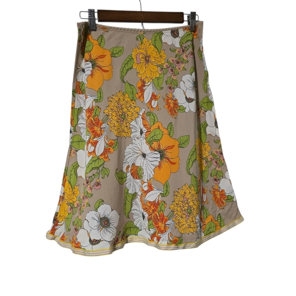Vintage Retro 70s Floral A-Line Skirt Orange Green Boho Size 14-20W - Picture 4 of 5